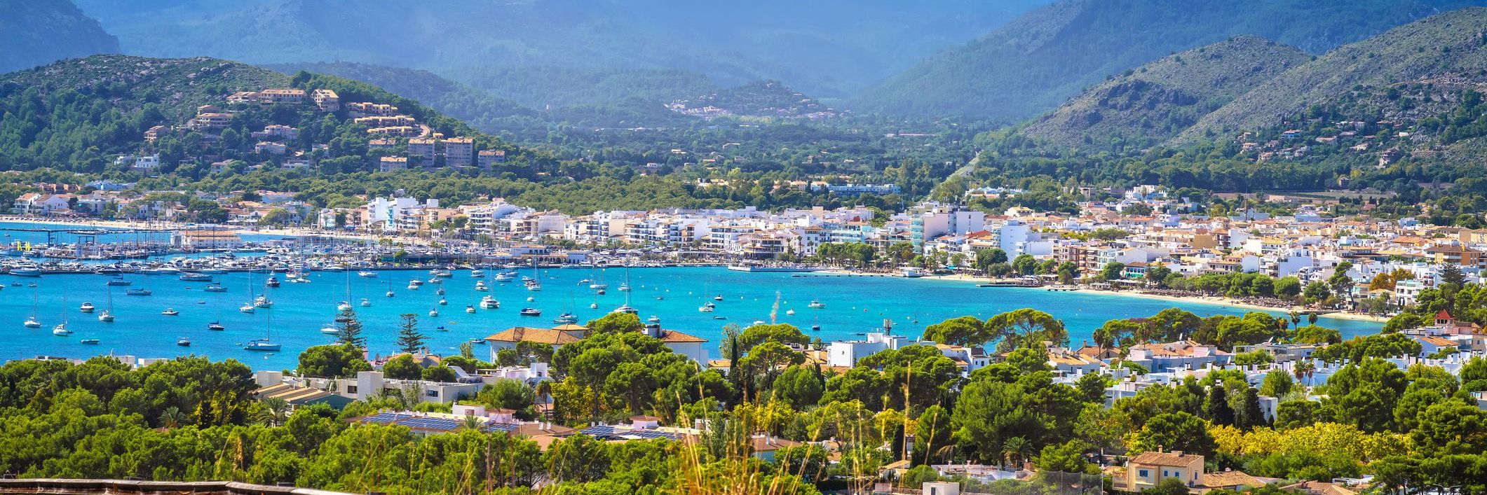 Island of Mallorca. Port de Pollenca beach and bay panoramic vie